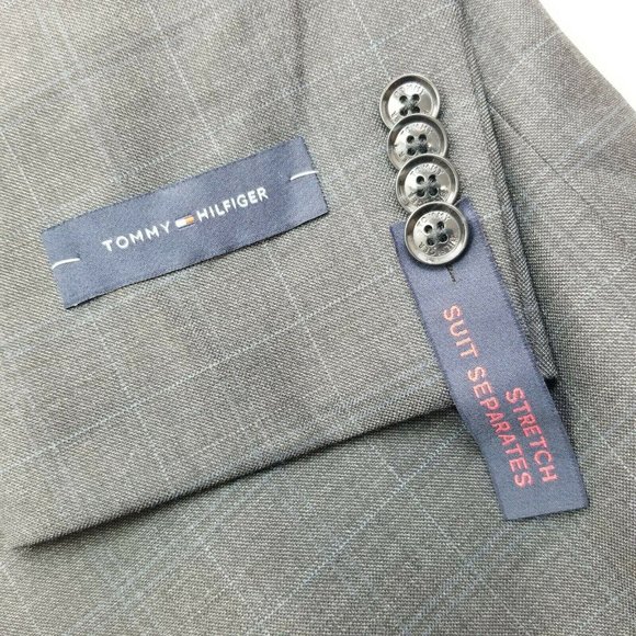 Tommy Hilfiger Grey Sharkskin Windowpane Stretch Classic Fit Suit Coat 40S $450 - Picture 2 of 11